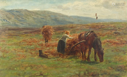 Workhorse with figures collecting hay, oil on canvas,