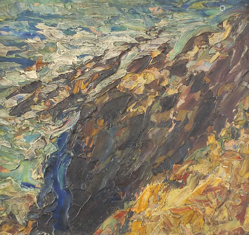 Coastal scene, impasto oil on board, indistinctly