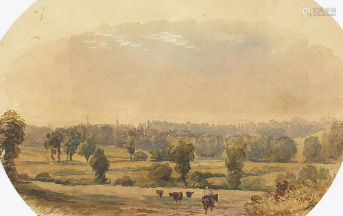 Figure on horseback before fields, watercolour, Albert