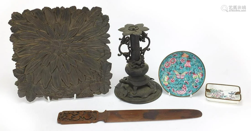 Chinese wood and metalware including a page turner, two