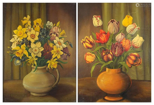 Still life daffodils and tulips in a vase, pair of oil