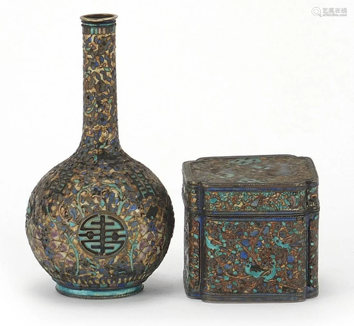 Chinese silver and enamel bottle vase and box with