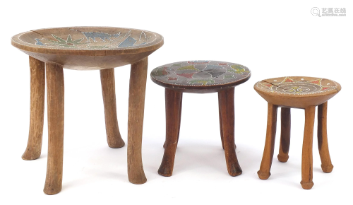 Three African hardwood stools with beadwork inlay