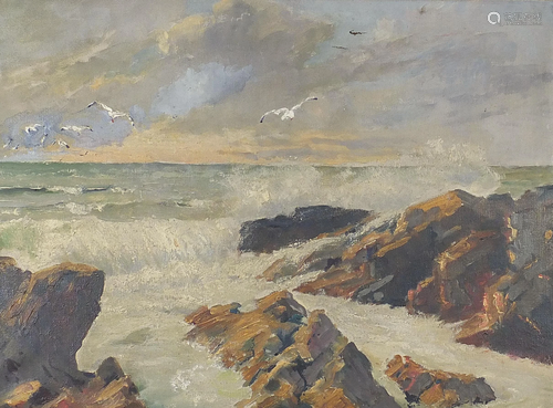 Rocky coastal scene with seagulls, oil on canvas,