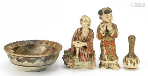 Japanese Satsuma pottery comprising two figures, bowl