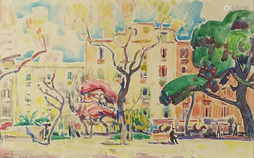 Trees and figures before buildings, Impressionist