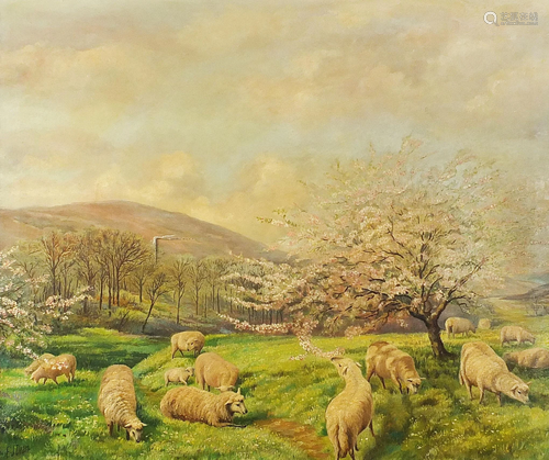 Sheep grazing before blossom trees and mountains, oil