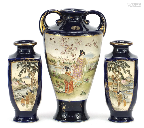 Three Japanese Satsuma pottery vases hand painted with