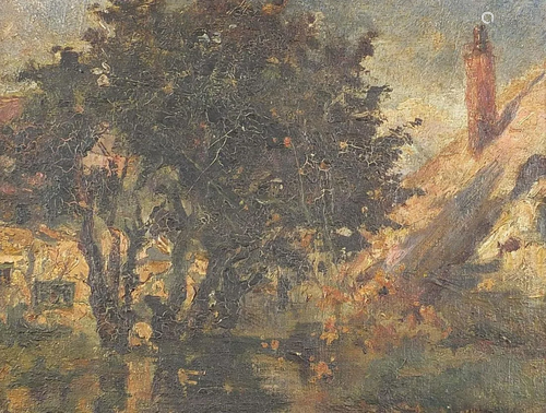 Trees beside a cottage, oil on canvas, French label and