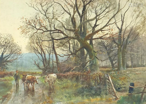 Henry Charles Fox - Figure and cattle before woodland,