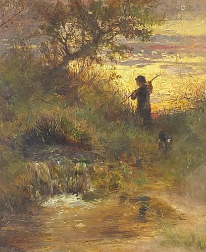 Figure and dog beside water, antique oil on board,