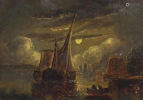 Manner of J M W Turner - Boats on water under a moonlit