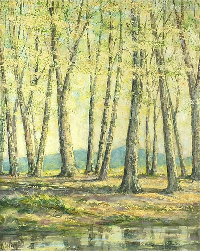 K Whyatt - Birches, oil on board, mounted and framed,