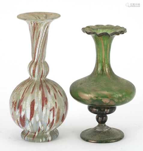 Two Antique hand blown glass vases, one with green and