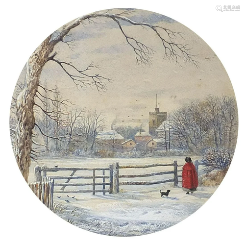 Figure and dog before a church, 19th century circular