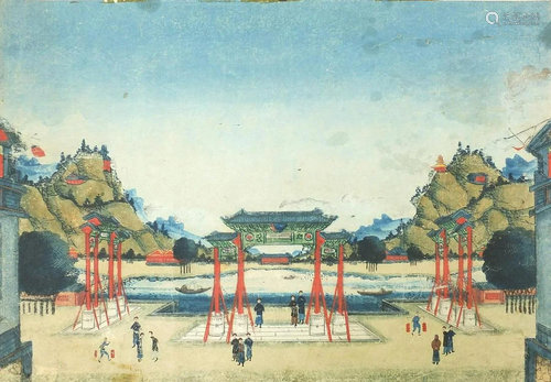 Figures in a garden before mountains, Chinese