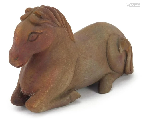 Chinese hardstone carving of a recumbent horse,