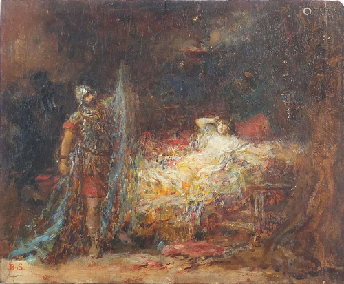 Soldier and female in an interior, Pre Raphaelite oil