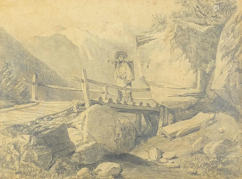 Figure crossing a bridge before mountains, pencil