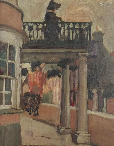 Horse and cart beside a house entrance, oil on board,