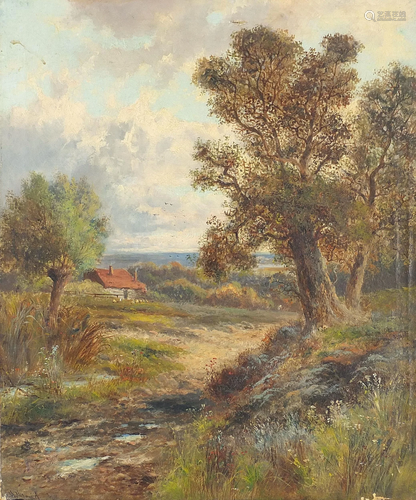 Trees before a cottage, oil on canvas, indistinctly