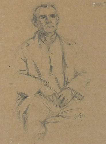 Seated gentleman wearing a suit, pencil drawing,