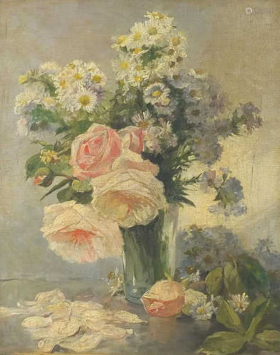 Still life flowers in a vase, oil on canvas, mounted