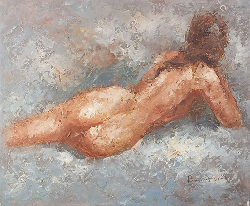 Reclining nude female, oil on canvas, indistinctly