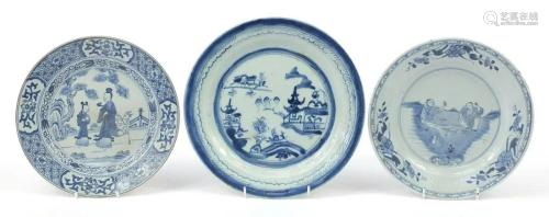 Three Chinese blue and white porcelain plates hand