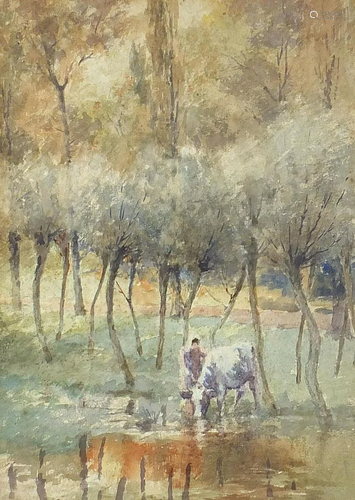 Figure and cow before trees, 20th century watercolour,