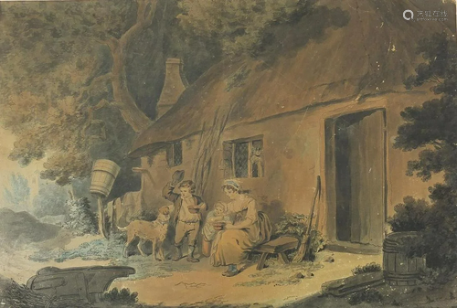 Figures and dog before a thatched cottage, 19th century