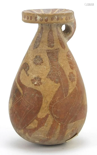 Corinthian pottery elongated aryballos hand painted