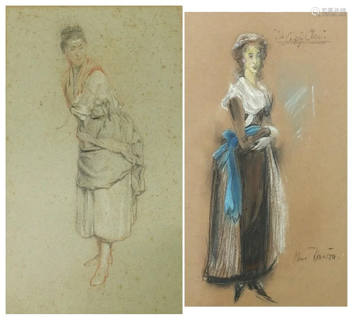 Females wearing 19th century dress, two French school