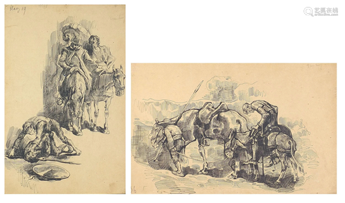 Figures on horseback, pair of 20th century inks,