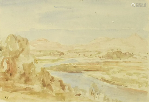 River landscape before hills, watercolour, monogrammed