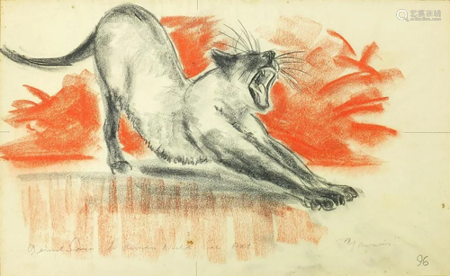 Stretching cat, mixed media, indistinctly signed and