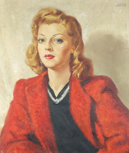 Head and shoulders portrait of a female wearing a red