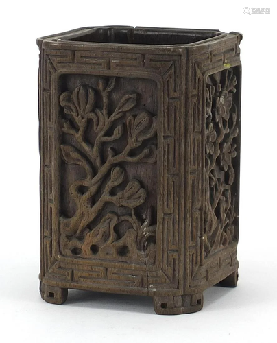 Chinese brush pot carved with panels of flowers, 14cm