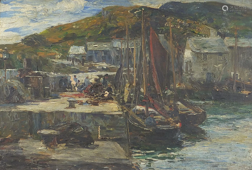 Moored fishing boats before a village and hills, St