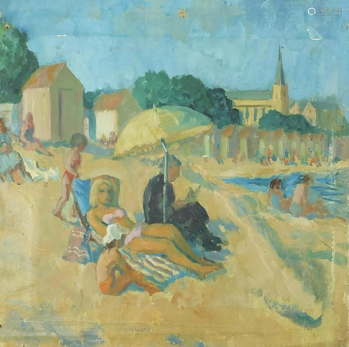 Figures sunbathing before beach huts, oil on