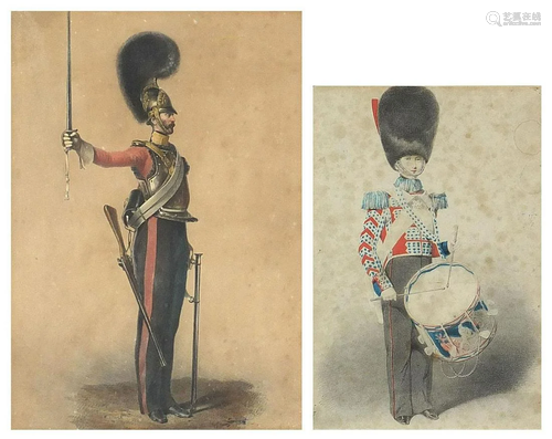 Soldier and drummer, two military interest prints in