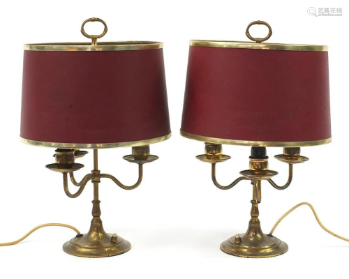 Pair of French Bouillotte brass table lamps, 50cm high