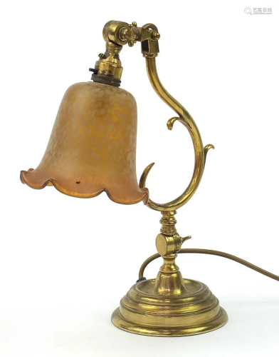 Antique heavy brass desk lamp with glass shade, 34cm