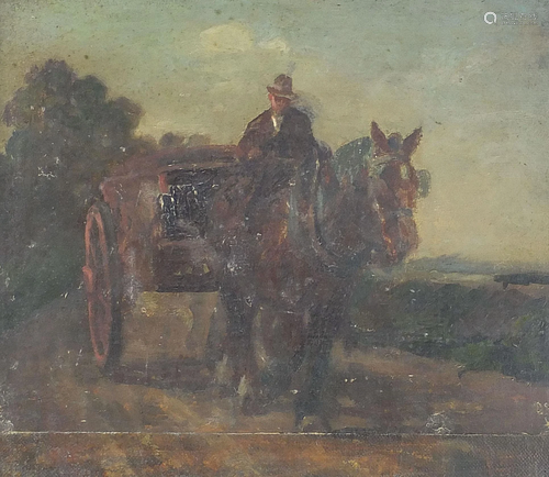 Horse and cart, antique oil on board, mounted and