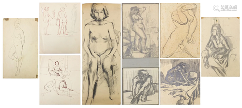 Nude figural studies and life drawings, nine ink,