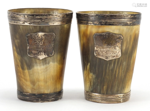 Pair of 19th century Scottish horn beakers with silver