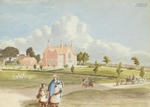 Figures before a country house and landscape,