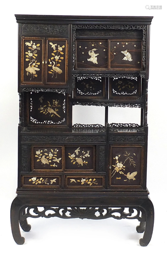 Japanese carved hardwood Shibayama cabinet inlaid with