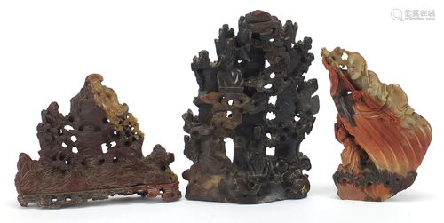 Three Chinese soapstone landscape carvings including