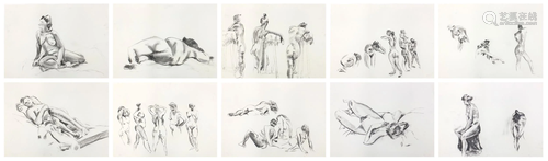 Ten life drawings of females, charcoal on paper,